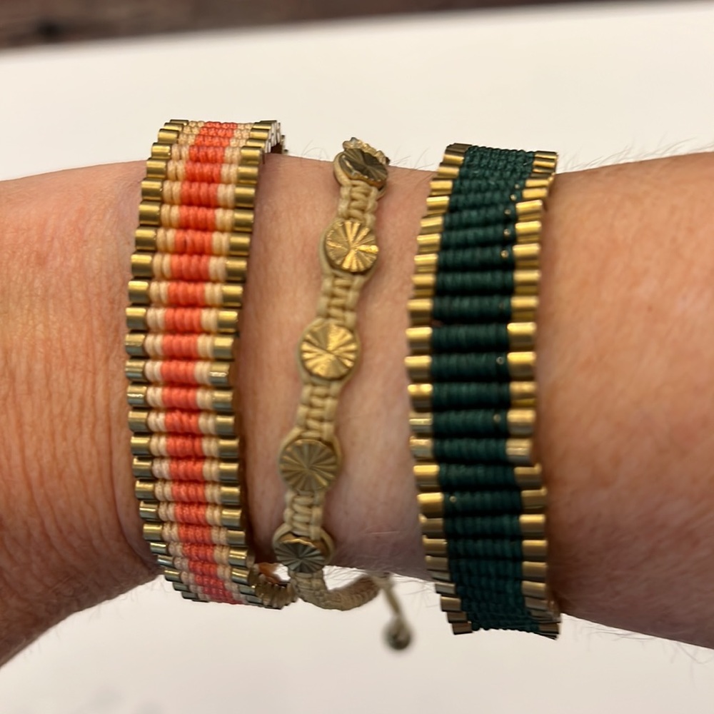 Rose Gonzales woven bracelets (3), beaded tassel, adjustable sizing. EUC